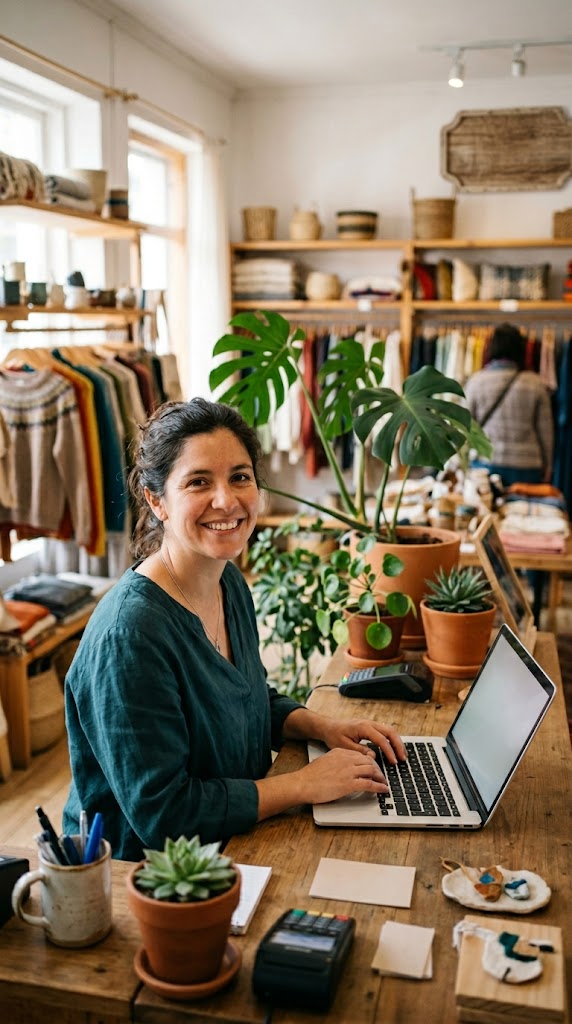 Dueña de una tienda atendiendo su negocio en línea desde su laptop